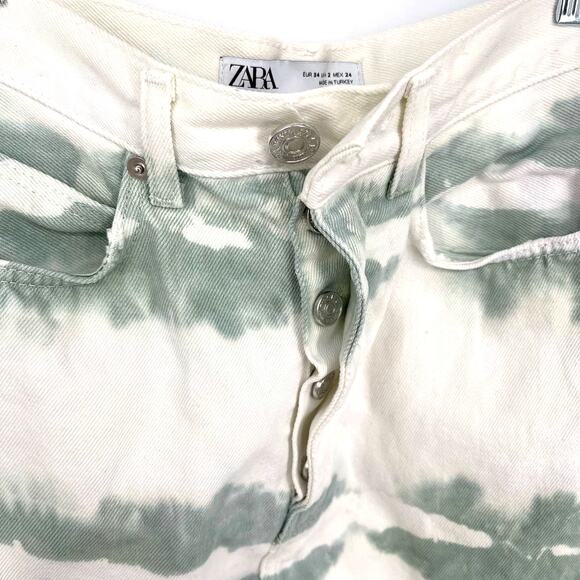 Zara Button Fly High Waisted Jean Shorts White Green Distressed Size 2 - Picture 4 of 6
